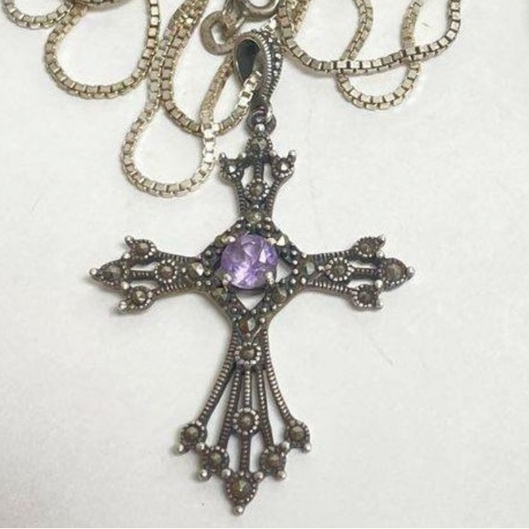 925 Sterling Silver Amethyst Marcasite Cross Box Chain Necklace Religious Gift - Picture 3 of 5